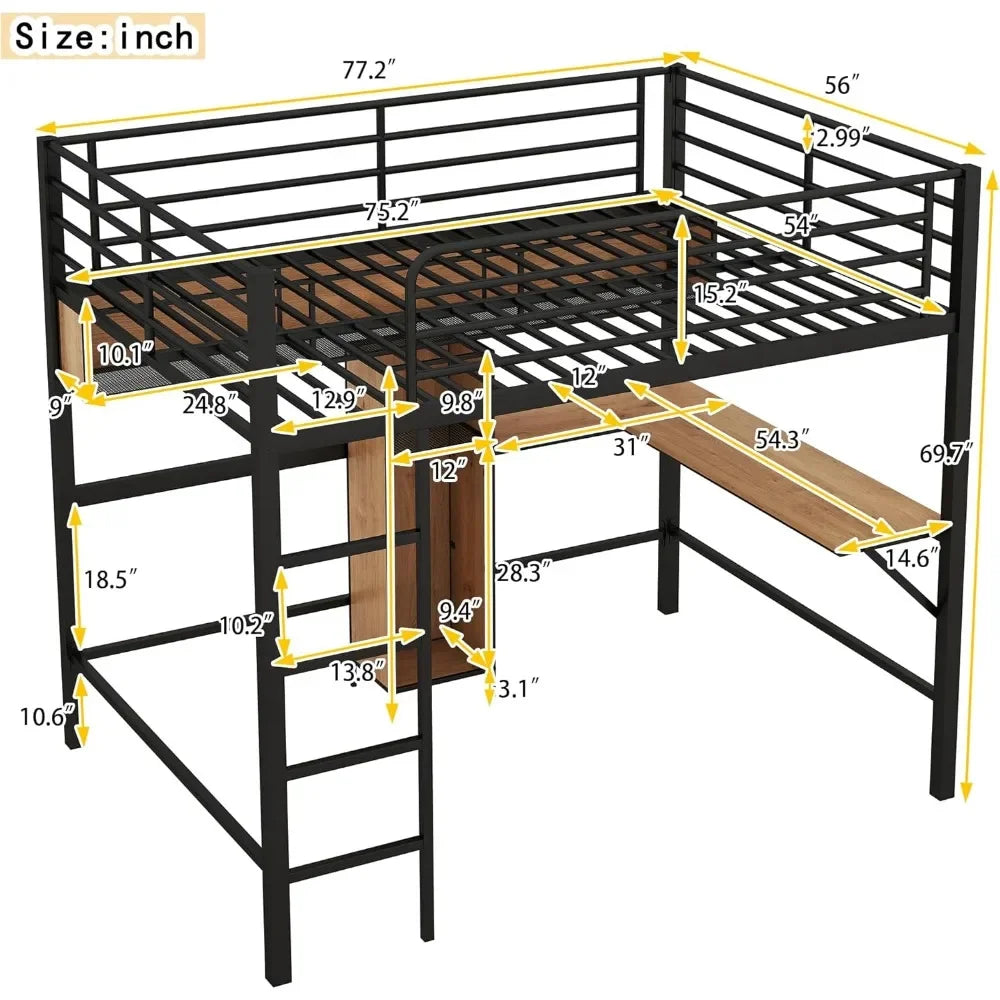 Cama alta de metal tamaño twin con escritorio, escalera y barandillas, para niños, adolescentes y adultos, color negro, tamaño 78" de largo x 41" de ancho x 65" de alto