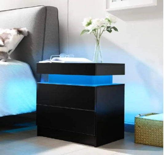 Mesita de noche con 2 cajones, mesita de noche LED, mueble de madera con luces para dormitorio, sala de estar, color negro