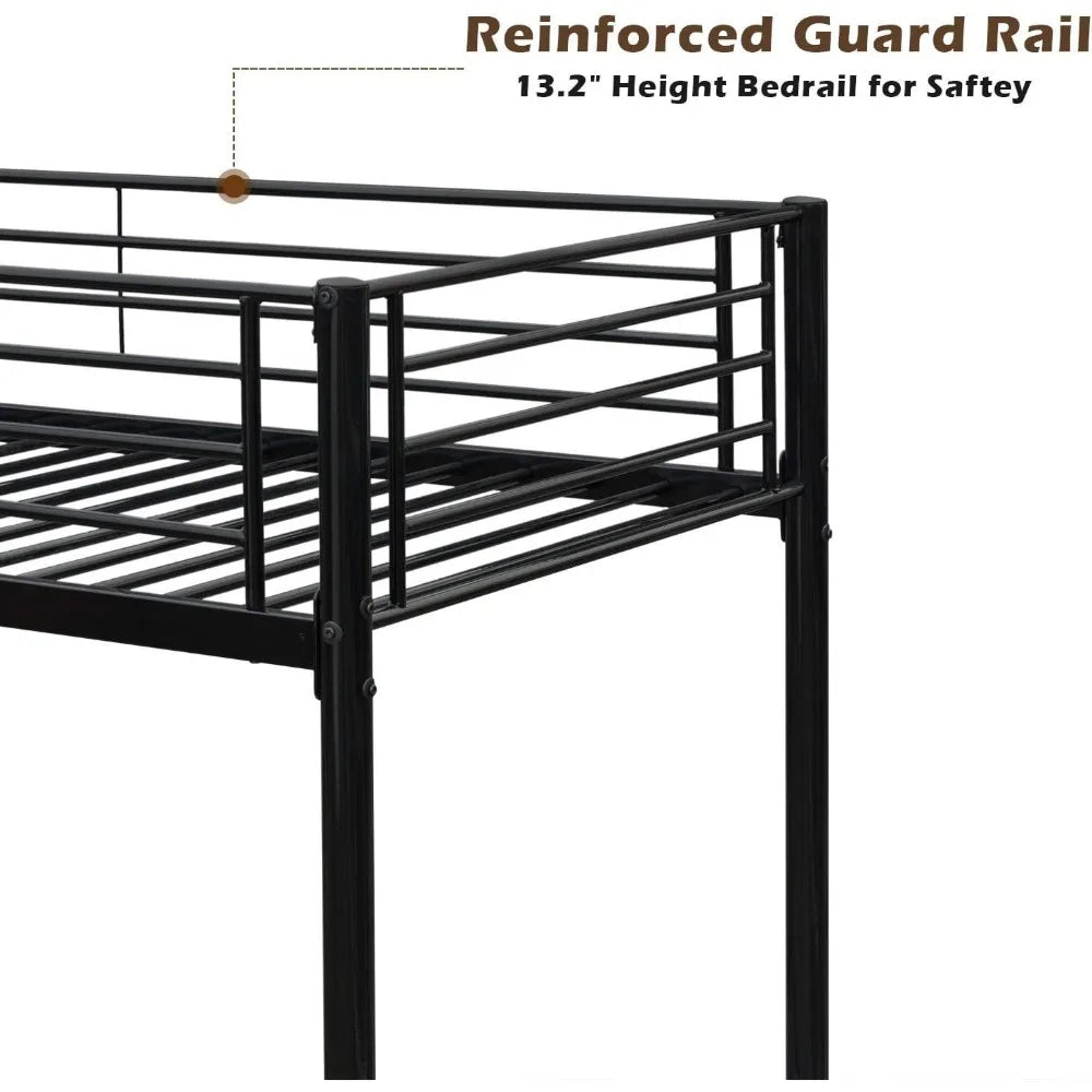 Litera de dos plazas sobre dos plazas, literas de dos plazas para niños, adolescentes y adultos, escalera plana y barandilla alta, litera de metal con escaleras, color negro