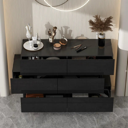 Cómoda doble de 6 cajones, cómoda de madera con superficie brillante, mueble de almacenamiento con acento para dormitorio y sala de estar, color blanco y negro