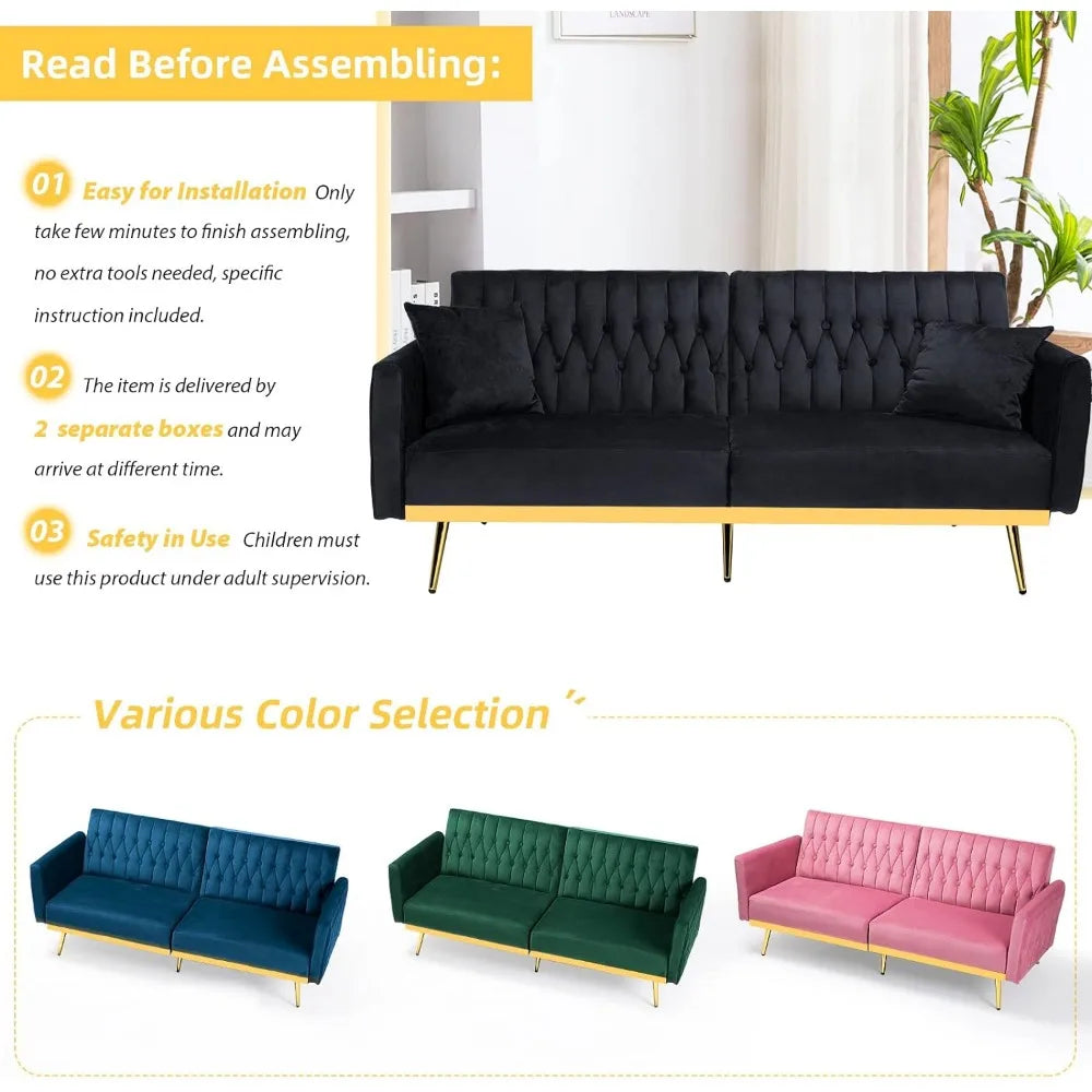 Canapé-lit futon en velours de 70 po avec dossiers et accoudoirs réglables, canapé-lit futon convertible avec deux oreillers, lit-lit capitonné