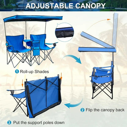 Double Camping Chair With Canopy Shade Beach Chairs With Cup Holder Heavy Duty Folding for Outside Lawn Patio Chaise De Plage