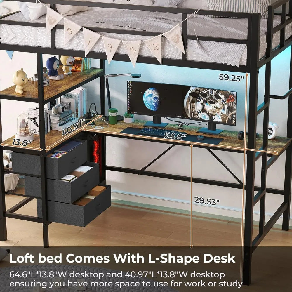 Loft Bed with L-shaped Desk LED Lights,Charging Station LED Loft Bed Frame Twin Size with 3 Storage Shelves and 3 Fabric Drawers