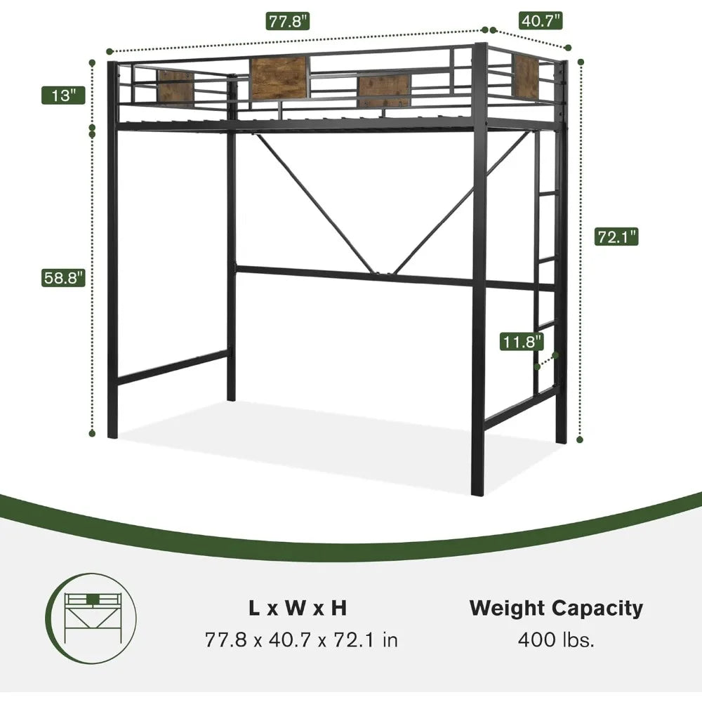 Twin Size Loft Bed Frame with Fully Enclosed Guardrail, one-piece ladder Removable Ladders, Space-Saving