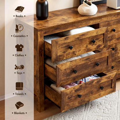 Farmhouse Wood Chest of 6 Drawers with Vintage Grain Texture, Double Dresser for Bedroom, Living Room, Hallway, Rustic Brown