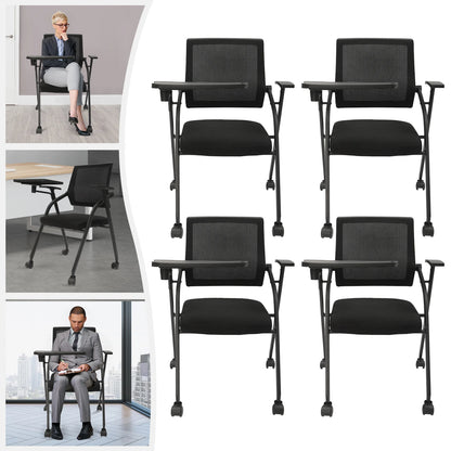 2/4X Foldable Conference Chairs w/ TABLE Multi-Function Writing Board Chair Breathable Mesh Cloth High Resilience Sponge Cushion