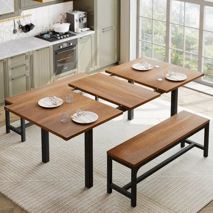 Ensemble de table à manger de 63 po pour 4 à 6 personnes, table de salle à manger extensible avec 2 bancs, table de cuisine 3 pièces pour petit espace, facile à nettoyer, noyer