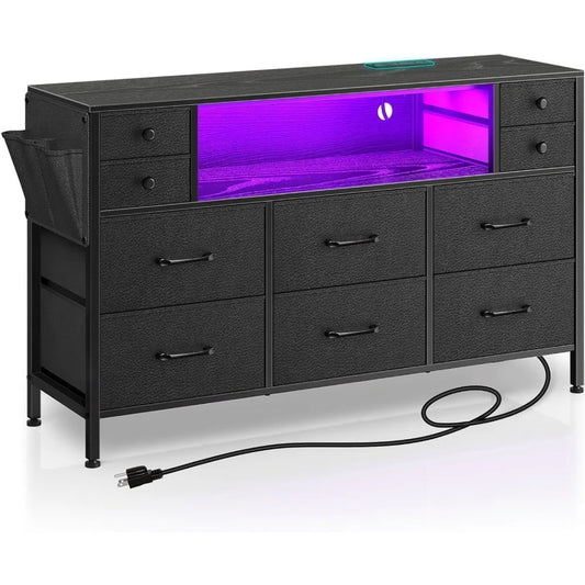 Dresser with Power Outlets and LED Lights, 10 Drawers Dresser with Side Pocket, Fabric Chest of Drawers with PU Finish