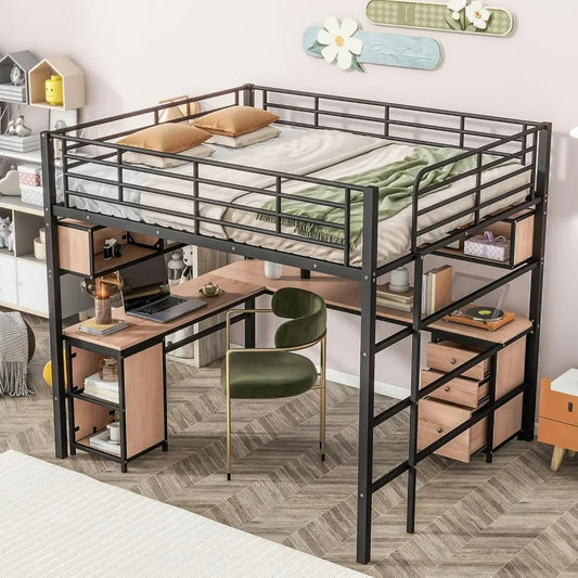 Cama alta con estructura de madera maciza y escalera incorporada para habitaciones pequeñas, armario abierto y cajones, cama alta con estantería de almacenamiento para dormitorio