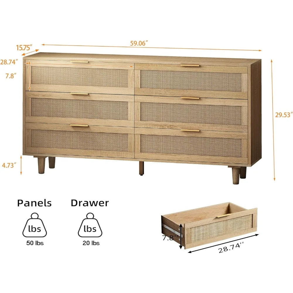 6 Drawer Double Dresser for Bedroom, Wooden Storage Wardrobe Dresser With Gold Handles, Floor Standing Storage Cabinet, Natural