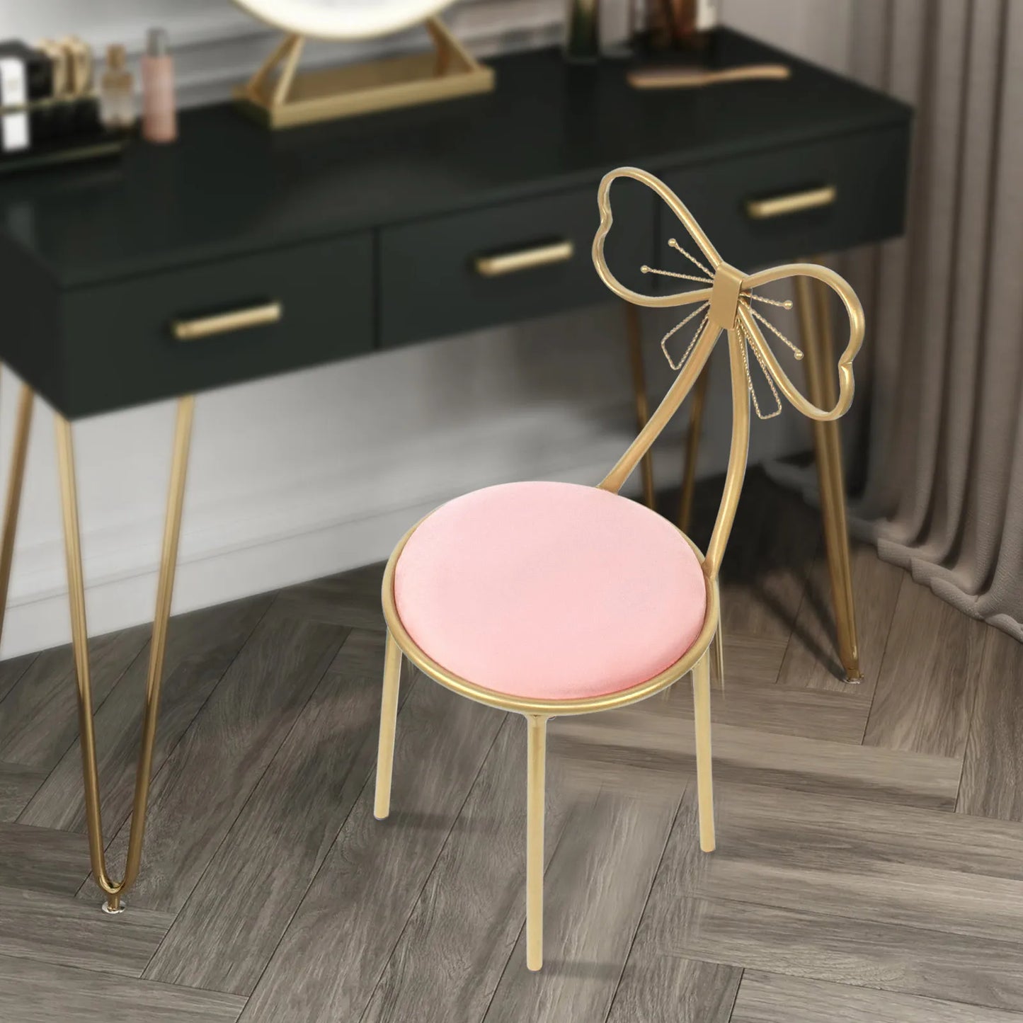 Chaise de tabouret de vanité pour le maquillage Chaise d'appoint moderne en velours papillon Chaise rose mignonne pour filles Chaise à dossier avec nœud papillon Décoration de chambre à coucher pour la maison