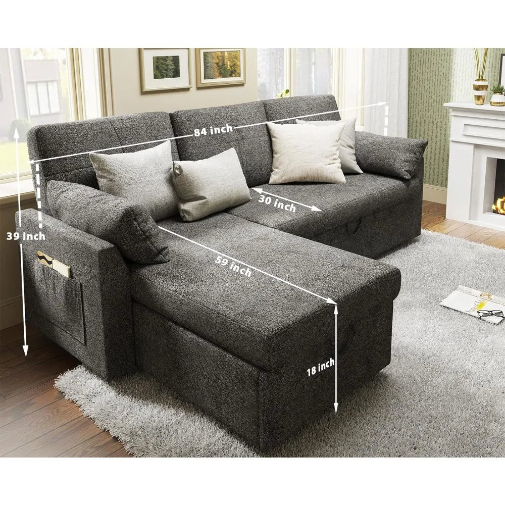 Sleeper Sofa Sofa Bed- 2 in 1 Pull Out Couch Bed with Storage Chaise for Living Room, Sofa Sleeper with Pull Out Bed, Grey Linen