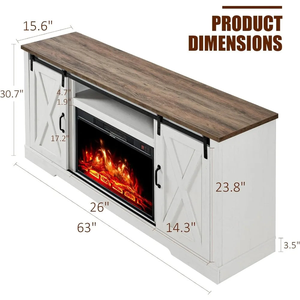 Fireplace TV Stand with Sliding Barn Door for TVs up to 73", Farmhouse 63" Fireplace Entertainment Center