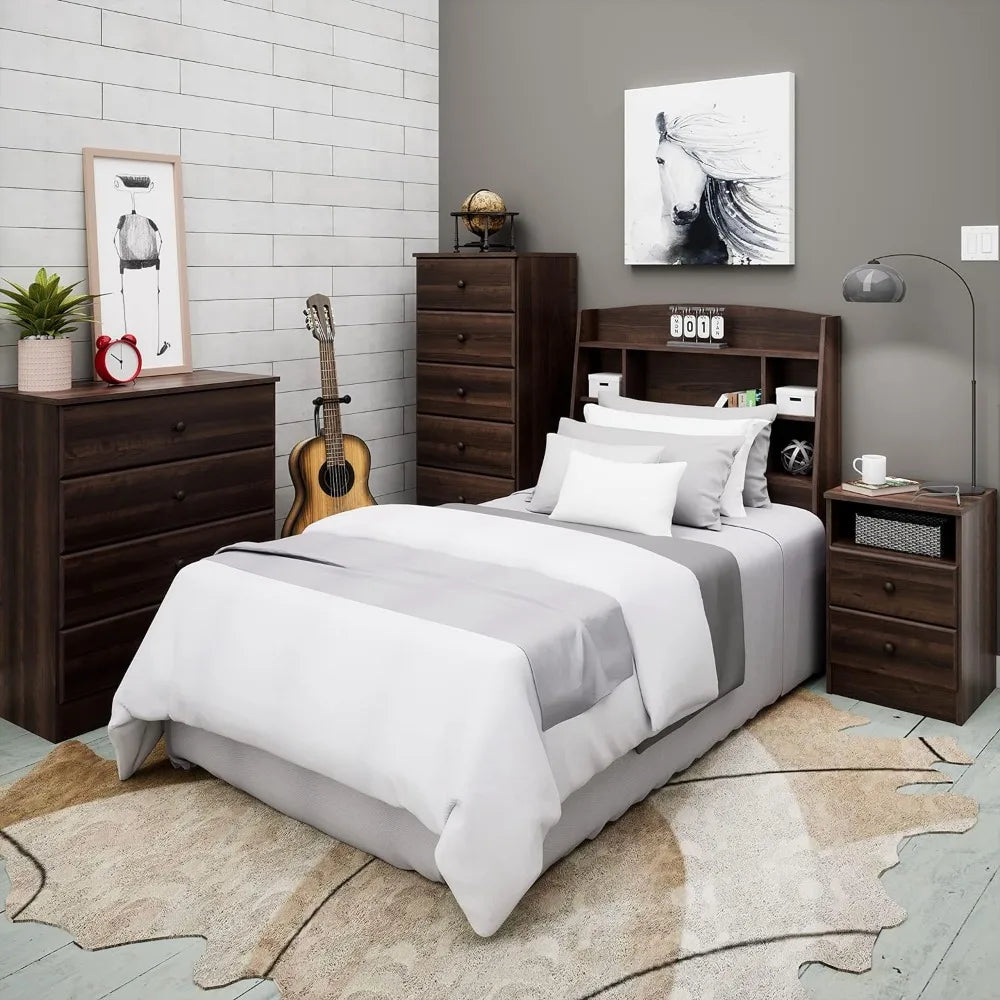 Twin Size Headboard with 4 Compartments, Espresso, Functional Bookcase Headboard for Twin Size Beds