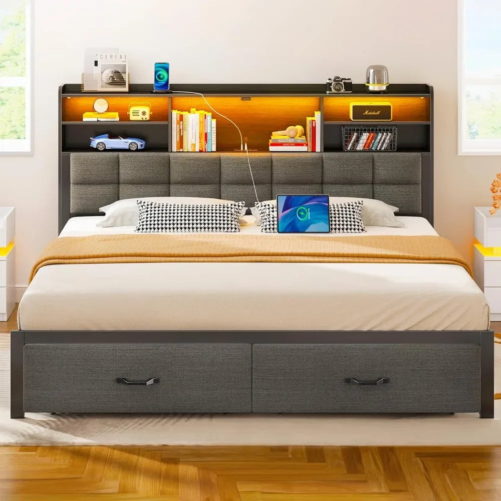 Bed Frame King Size with Drawers and Charging Station, Upholstered Platform Bed with Storage Headboard and LED Light