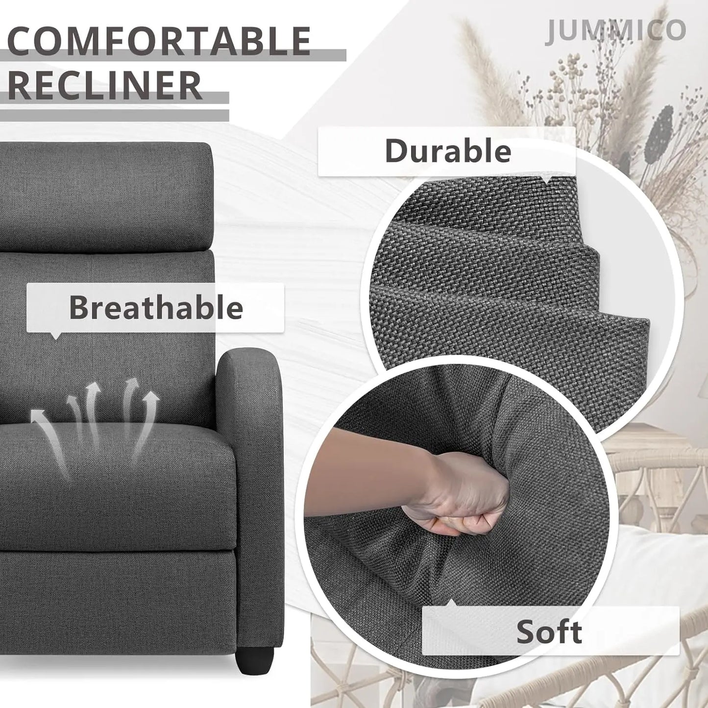 JUMMICO Fauteuil inclinable réglable Home Cinéma Canapé inclinable simple en tissu Meubles avec coussin de siège épais et dossier Moderne