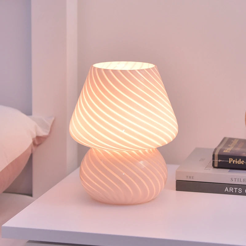 Lámpara LED de vidrio creativa Ins para mesita de noche de dormitorio, luz de noche con forma de hongo esmerilado a rayas, decoración sencilla, linda y translúcida