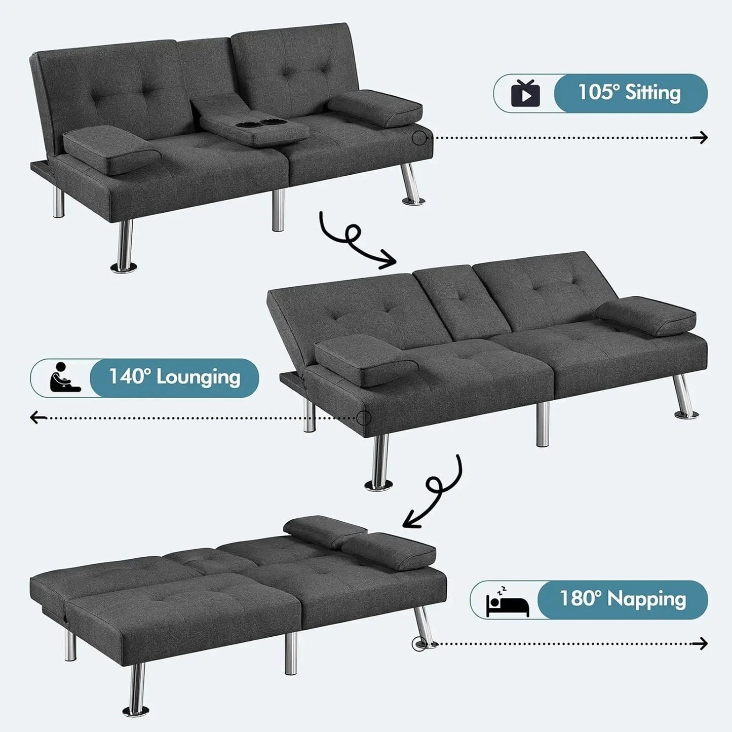 Canapé-lit réglable Canapé-lit double face Canapé-lit pliant Lit d'appoint, porte-gobelet, lit Chaise longue moderne en cuir artificiel