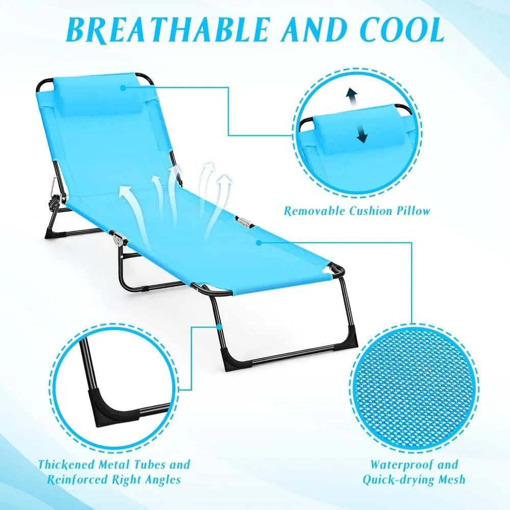 Outdoor Sunbathing Chair, 2 Pack Foldable Beach Chair with Pillow 5 Position Recline, Blue Back Breathable Mesh Pool Chair