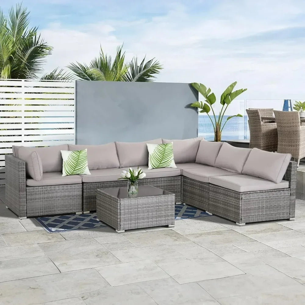 7/8 Pieces Patio Furniture Set, Modular Patio Set Wicker Outdoor Sectional Sofa Set PE Rattan Wicker Patio Conversation Set