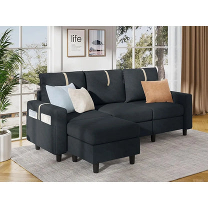 Convertible sectional sofa, modern linen L   shaped sofa with reversible ottoman and storage bag for living room, apartment,