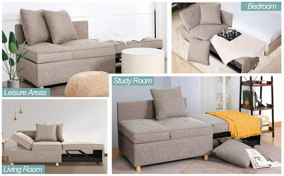 Sofá cama convertible 4 en 1, sofá de dos plazas de tela de lino, sillón reclinable individual con respaldo ajustable en 5 posiciones