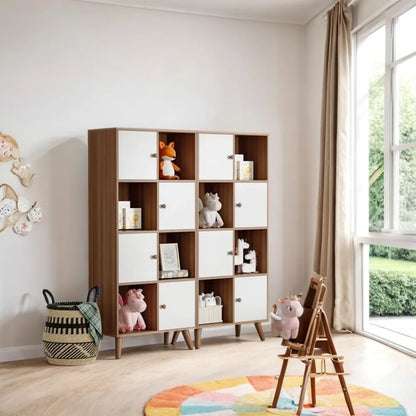 Brown and White 8 Cube Organizer Set of 2, Wooden 16 Cubby Display Bookcase, 4-Tier bookshelf with Doors, Storage Cabinet