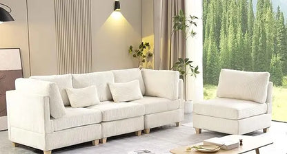 L Shaped Convertible Sectional Sofa with Movable Ottoman, Corduroy Corner Couch with Wooden Legs and Cushions, Living Room Sofa