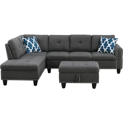 Living Room Sofa Set, 98-Inch L-Shaped Couch with Storage, Left Facing Chaise, 2 Cup Holders, 2 Throw Pillows, Dark Gray