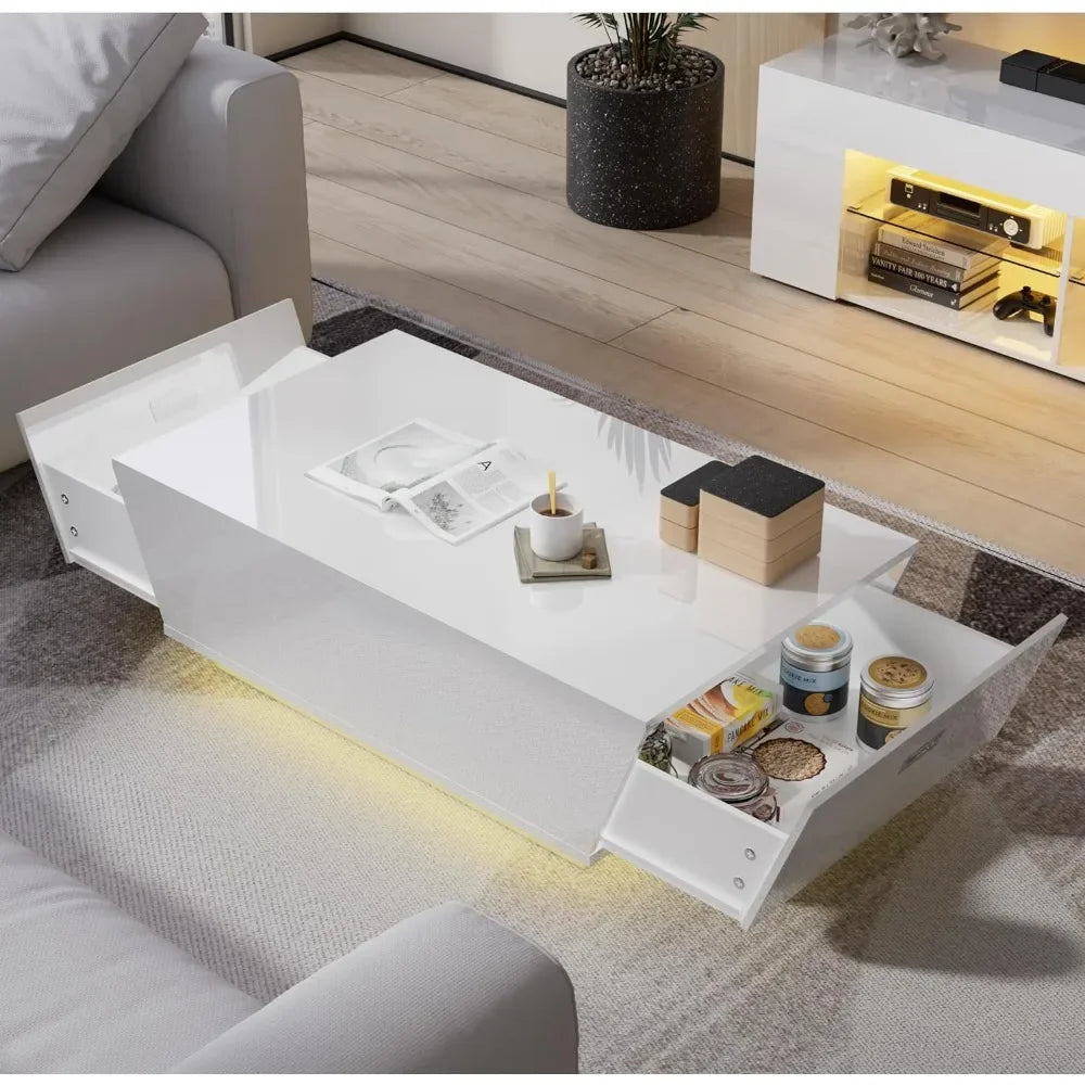 High Gloss Coffee Table with LED, Modern Center Table with 2 LargDrawers for Living Room, White, 47.2" W x 23.6" D x 13.4" H