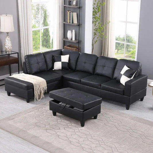 3-Piece L Shape Sectional Sofa with Right Chaise, Storage Ottoman, Modern Faux Leather Living Room Couch Set W, Sofa