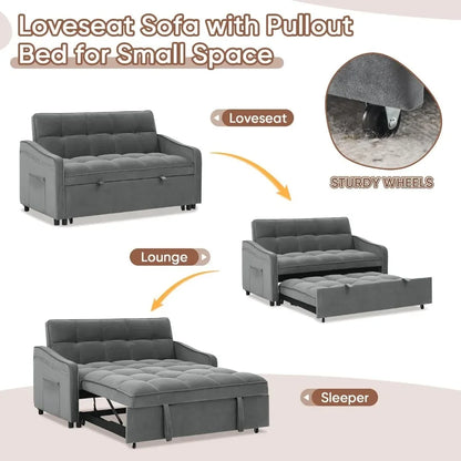 3 in 1 Sleeper Sofa Couch Bed with USB & Type C Port, 52" Small Modern Convertible Tufted Velvet Loveseat Sofa w/Pull Out Bed