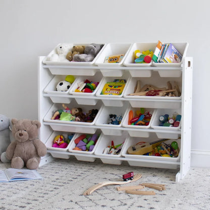 Kids Natural Wood Toy Storage Organizer With 16 White Plastic Storage Bins Plastic Organizing Boxes for Bedroom Free Shipping