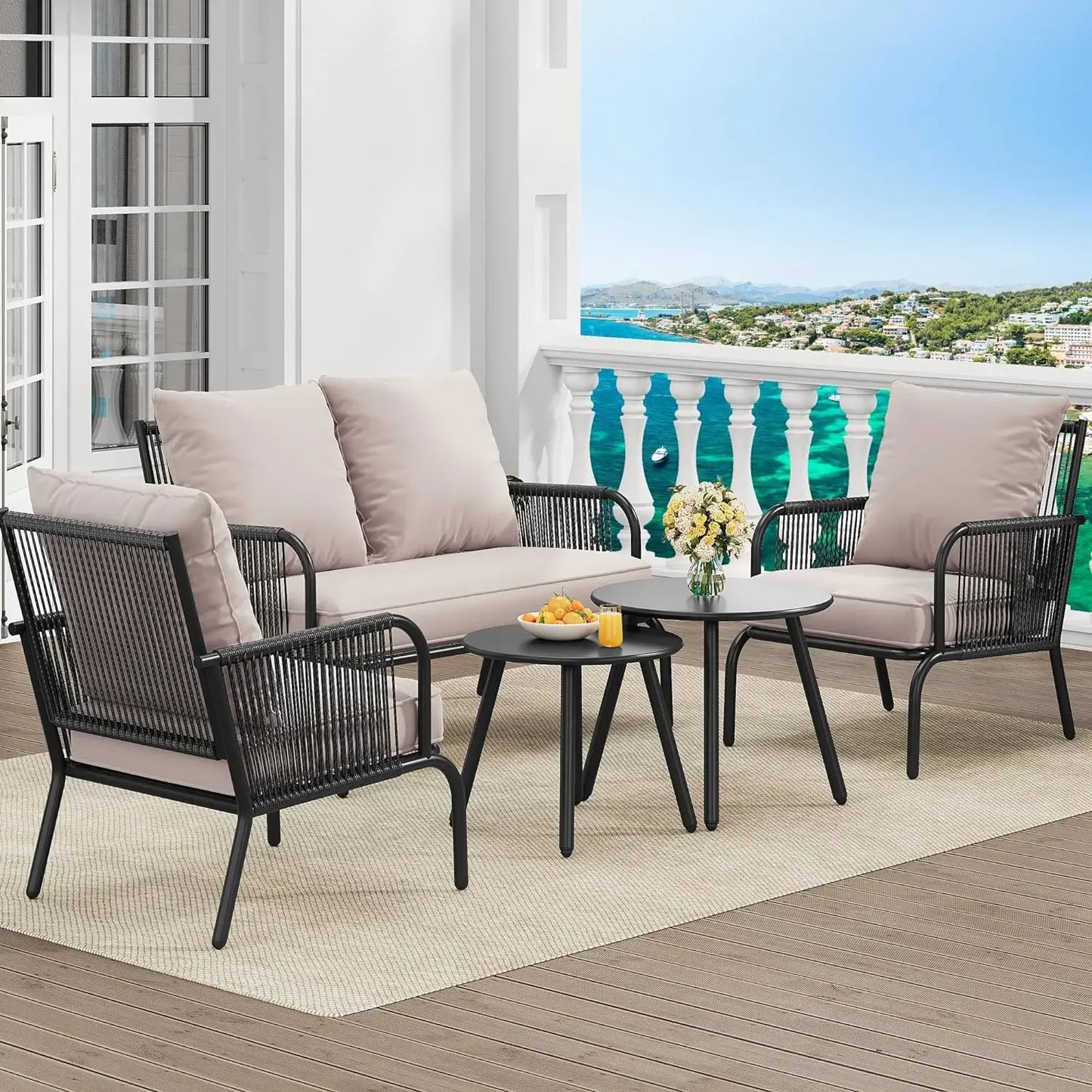 4-Piece Patio Furniture Wicker Outdoor Bistro Set, All-Weather Chairs , Balcony and Deck with Soft Cushions and Metal Table