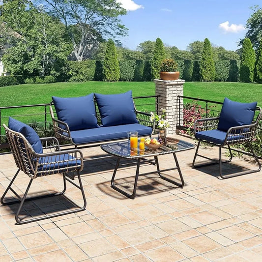 4-Piece Patio Furniture Wicker Outdoor Bistro Set, All-Weather Chairs , Balcony and Deck with Soft Cushions and Metal Table