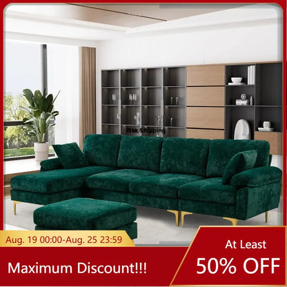 U-Shaped Sectional Sofa Couch,Sofa Set for Living Room,Convertible Velvet Couch Set with Chaise Lounge,Ottoman and Pillows