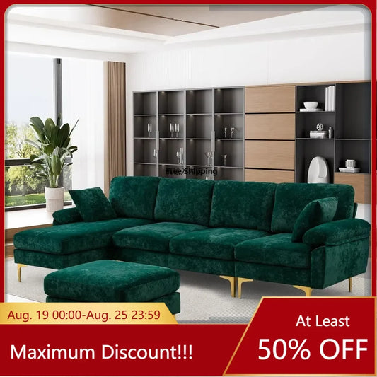 U-Shaped Sectional Sofa Couch,Sofa Set for Living Room,Convertible Velvet Couch Set with Chaise Lounge,Ottoman and Pillows