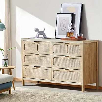 Modern Rattan 6 Drawer Dresser w/ Wide Drawers & Metal Handles, Farmhouse Wood Storage Chest of Drawers for Bedroom, Living Room