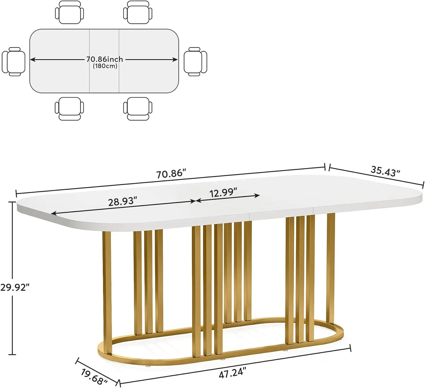 Mesa de comedor para 6, mesa de cocina moderna blanca de 71”, mesa de comedor rectangular con marco de metal ovalado resistente