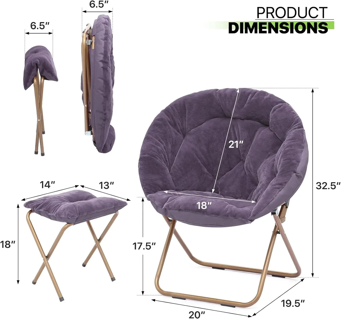 Sillón redondo plegable de gran tamaño con forma de luna para adultos con reposapiés otomano, sillón grande y cómodo para dormitorio, color morado, juego de 2