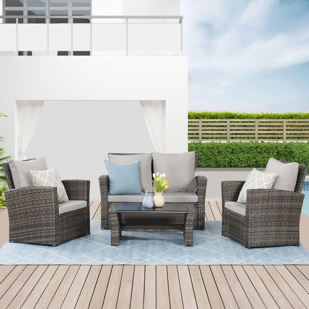 4 Piece Outdoor Patio Furniture Sets, Wicker Conversation Set for Porch Deck, Gray Rattan Sofa Chair with Cushion, Free Shipping