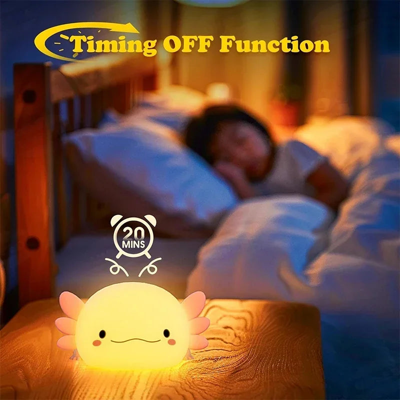 Bonita luz de noche de axolotl de silicona, lámpara para dormir para guardería, luces de noche con control táctil, lámpara de mesa recargable por USB para bebés y niños