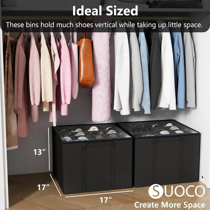 SUOCO 2 Pack Shoe Organizer for Closet,Fits up to 32 Pairs, Small Space Shoe Storage Boxes Bins Containers w/Adjustable Dividers