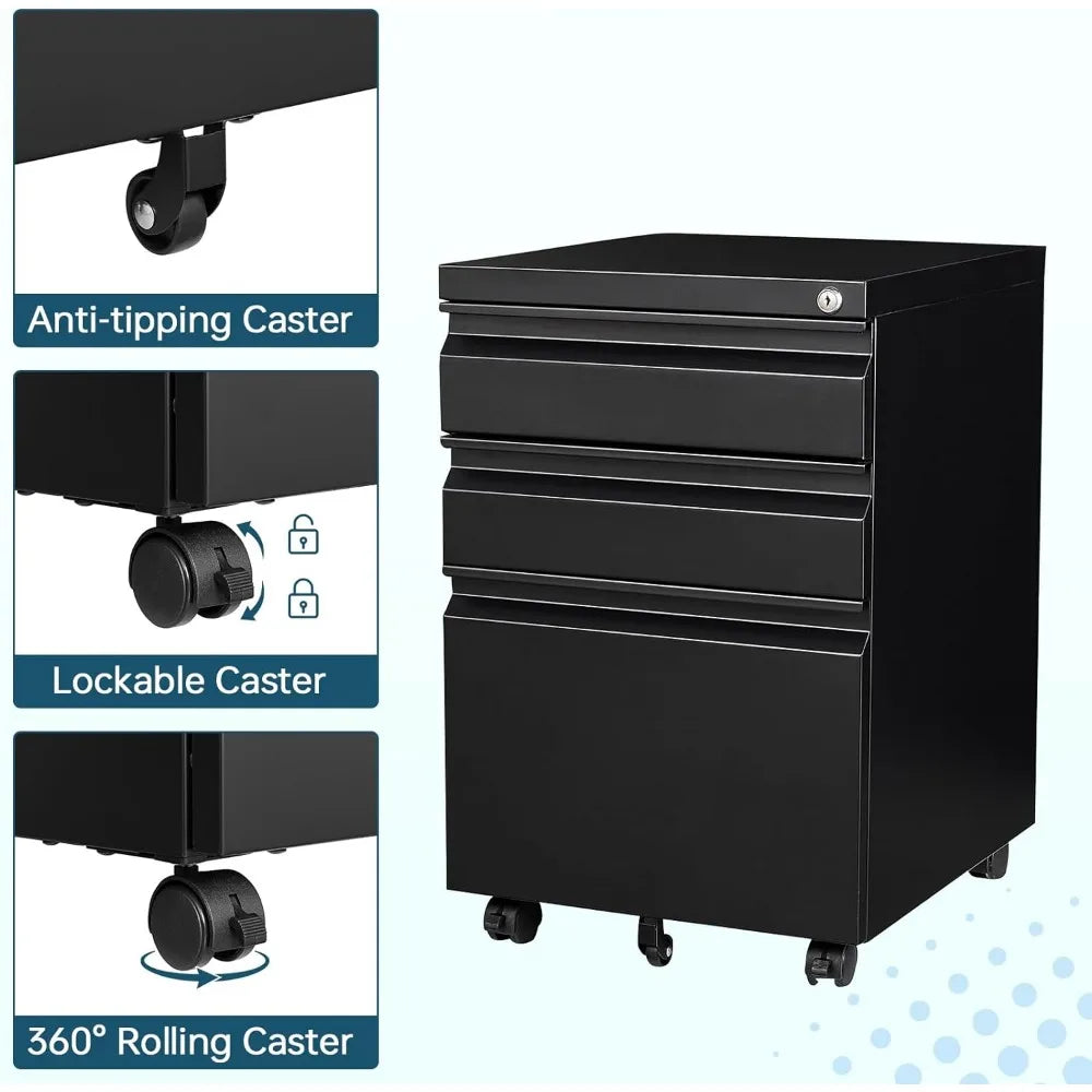 File Cabinet 3 Drawers on Wheels Under Desk, Black Metal Rolling File Cabinets with Lock for Home Office