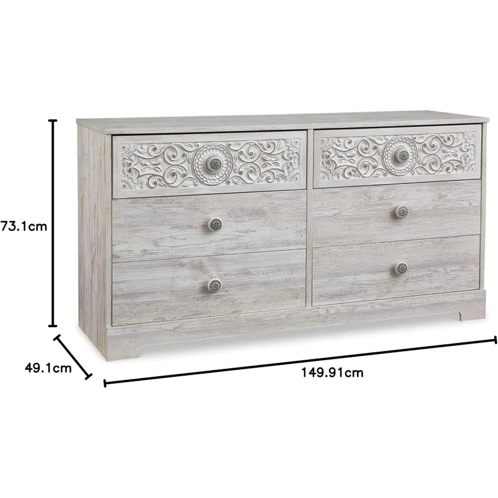 Commode 6 tiroirs Paxberry Bohemian avec motif médaillon sculpté, blanc