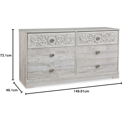 Paxberry Bohemian 6 Drawer Dresser with Carved Medallion Pattern, White