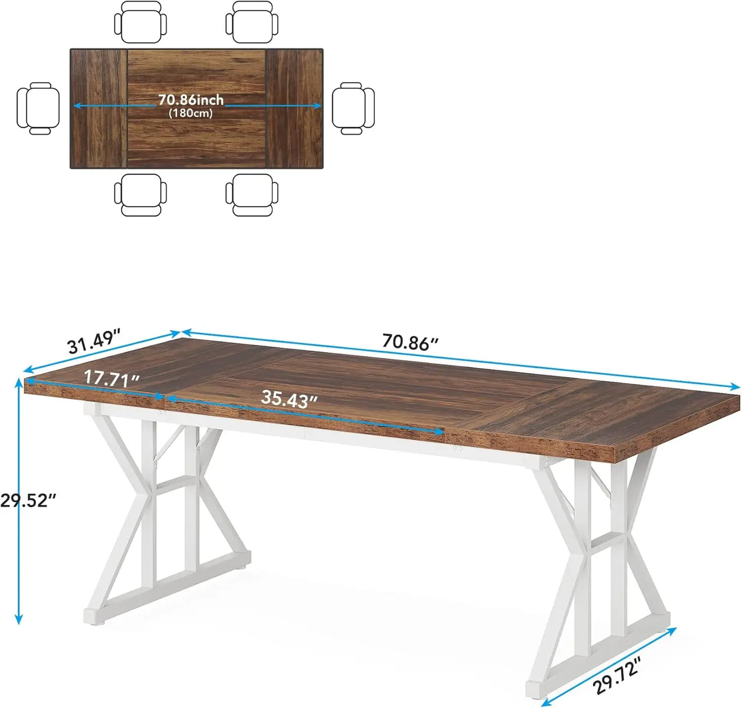 Mesa de comedor rústica para 6 personas, mesa de comedor rectangular de madera de 70,8 pulgadas, mesa de cocina rústica con patas de metal resistentes