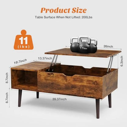 Mesa de centro elevable de madera con estante de almacenamiento, diseño moderno, para sala de estar, oficina en casa, comedor, compartimento oculto, fácil montaje