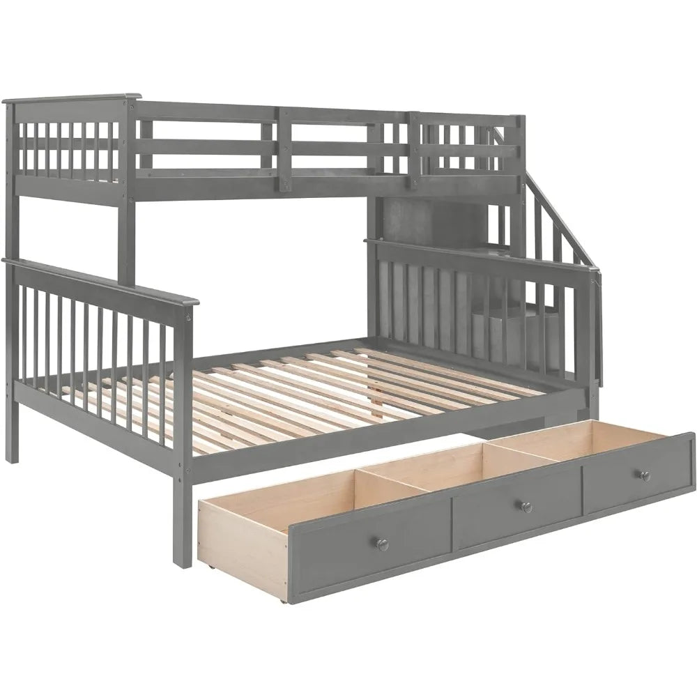 Litera doble sobre cama matrimonial con escaleras, estructura de litera de madera maciza con cajones de almacenamiento para niños, adolescentes, adultos, dormitorio, residencia universitaria