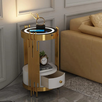 Gold Led Smart Round Nightstand with Drawer,Sofa Narrow End Table